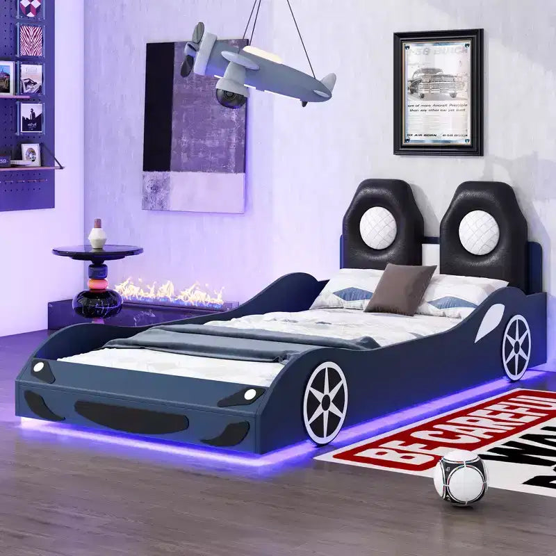 Whisen Wood Plattformbett in Rennwagen-Form, Twin-Größe, mit LED-Beleuchtung und gepolsterter Rückenlehne