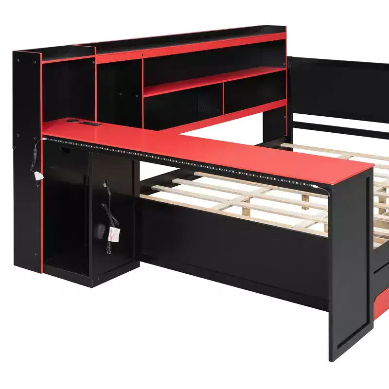 Gaming-Tagesbett (Queen-Size/Full-Size) mit Kopfteilregal, LED-Beleuchtung, integriertem Schreibtisch, Schubladen und Ladestation