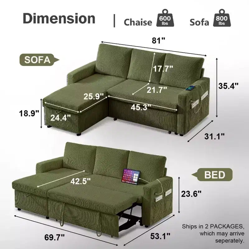 Dyonery 2-in-1 Schlafsofa ausziehbar mit Stauraum-Recamiere, Cord-Ecksofa mit USB-Anschlüssen für das Wohnzimmer