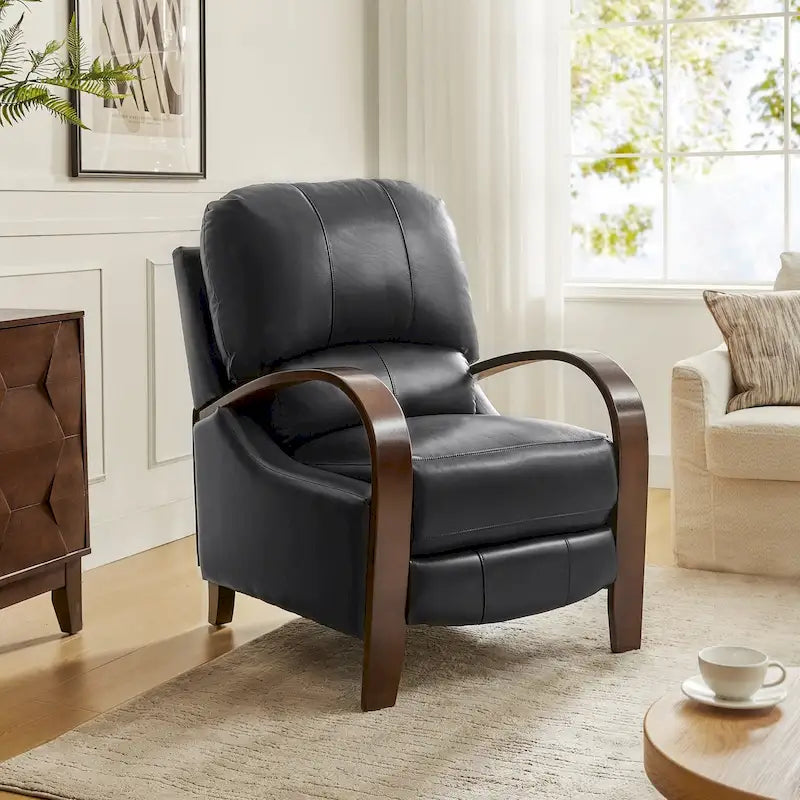 Alex Mid-Century Modern Zigarren-Sessel aus echtem Leder mit manueller Relaxfunktion und geschwungenen Holzarmlehnen