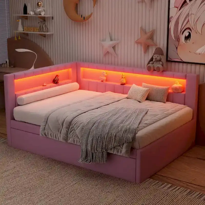 Gepolstertes Plattformbett mit USB-Anschlüssen & LED-Beleuchtung – Einzel-/Doppelbettgestell mit 2 Schubladen – Modernes Schlafzimmer