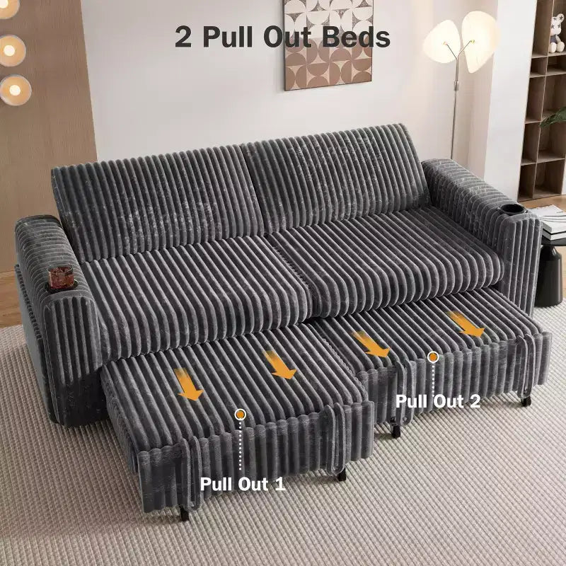 Dyonery 91 Sektional Schlafsofa mit Ausziehbett, verstellbarer Rückenlehne/zwei Ausziehbetten/USB-Anschlüssen/Getränkehaltern, Plüsch-Kordbezug