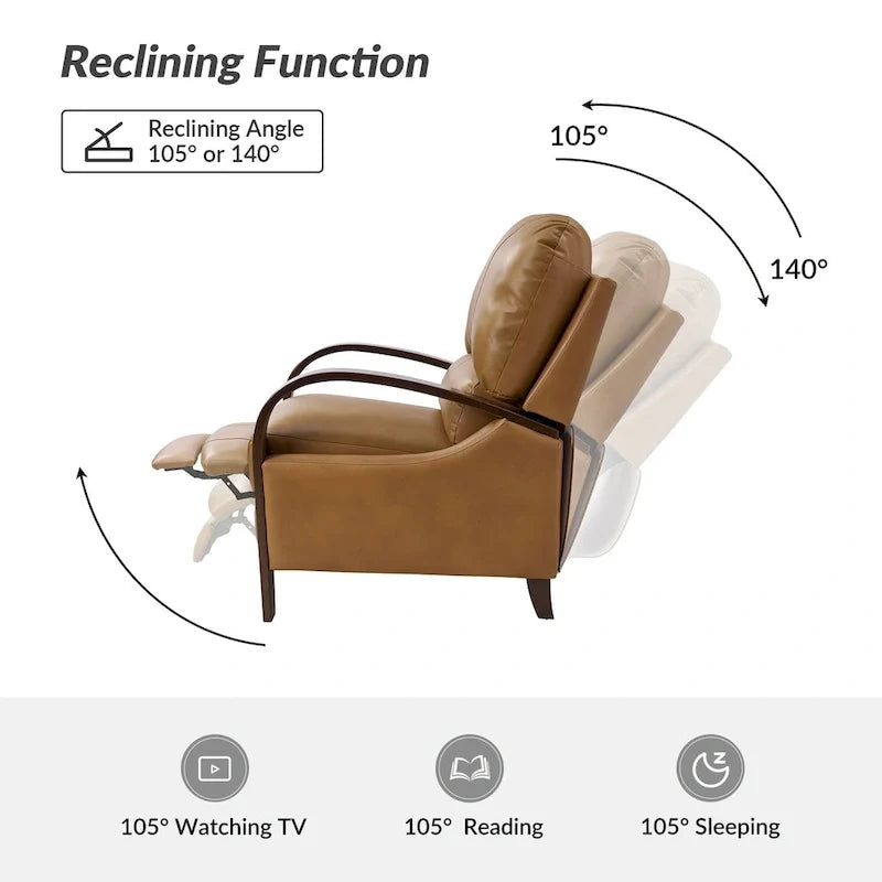 Alex Mid-Century Modern Zigarren-Sessel aus echtem Leder mit manueller Relaxfunktion und geschwungenen Holzarmlehnen