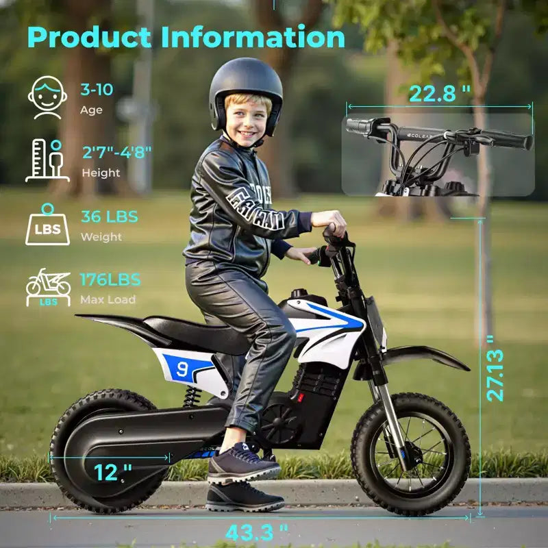 ECOLEAP K1 Elektro-Dirtbike für Kinder 36V, 25 km/h schnell, 22 km Reichweite, 700W Spitzenmotor, 3 Geschwindigkeitsmodi, 12 Zoll Offroad-Reifen, UL, Alter 3-10
