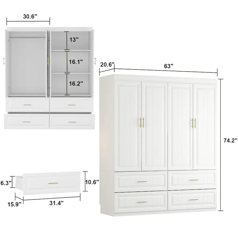 93.9H/74.2H Schrank Kleiderschrank Garderobe Hängende Schubladen Aufbewahrung