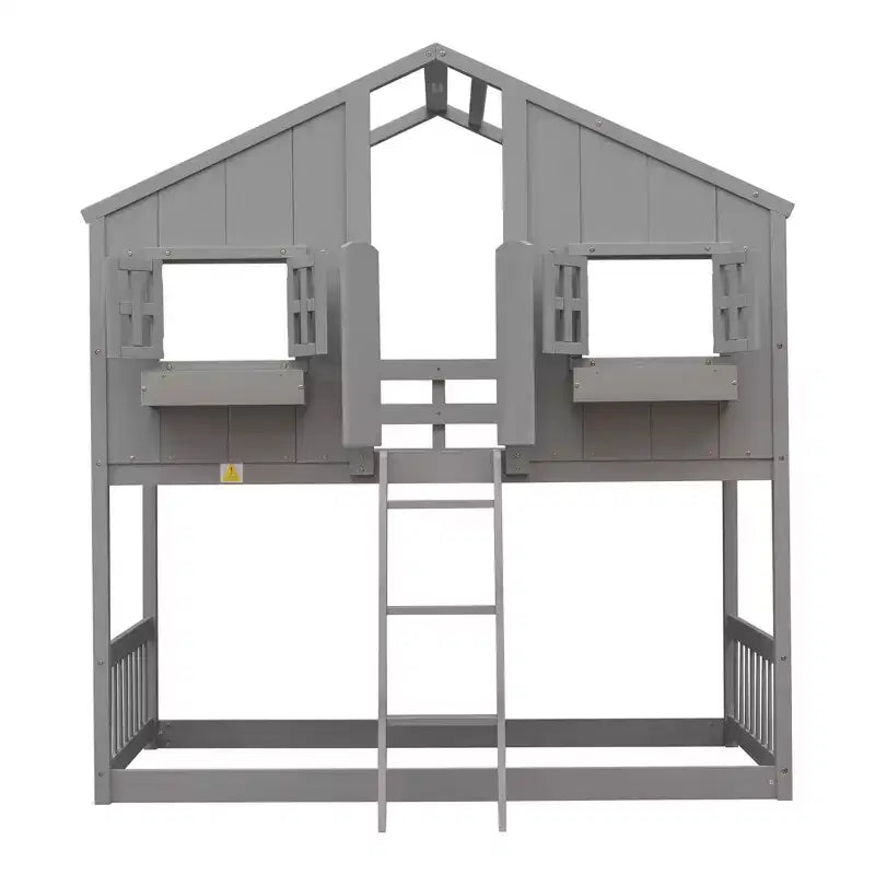 Doppel-Loftbett in Hausform, Holzspielhaus-Loftbett mit Leiter und Schutzgittern für Kinder