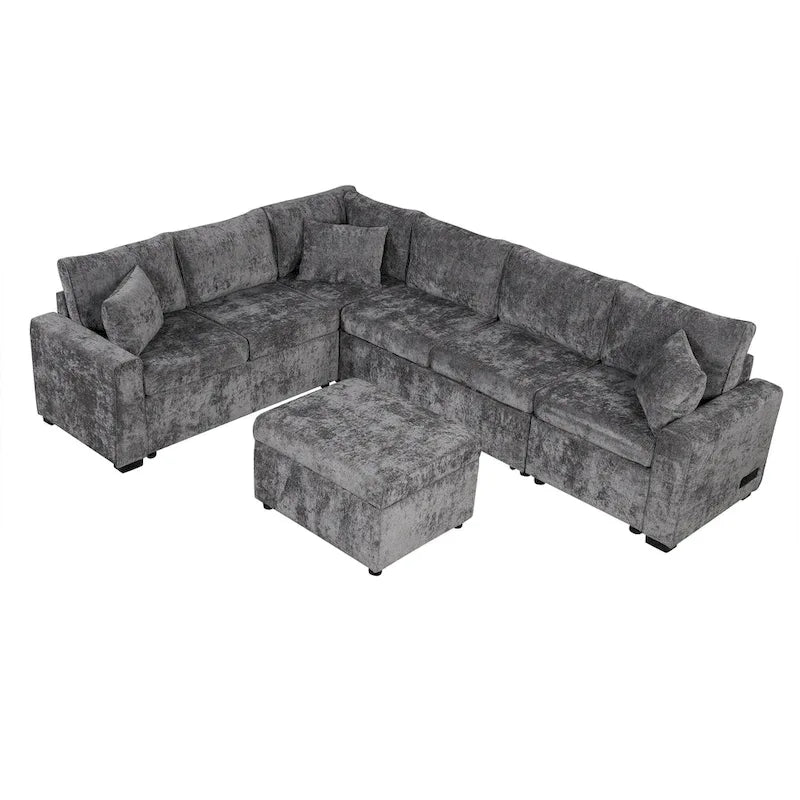 Chenille Ecksofa mit Ausziehfunktion, L-förmiges Schlafsofa mit Stauraum-Ottomane, 3 Kissen und Ladevorrichtungen