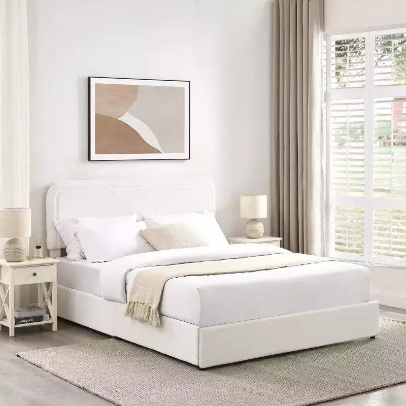 Modernes Bouclé Polsterbett Queensize mit Schubladen