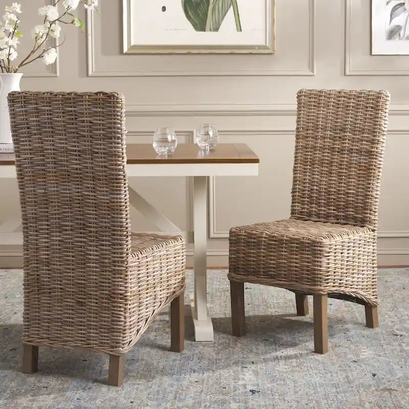 2er-Set Esszimmerstühle aus natürlichem Korbgeflecht 48B x 56T x 104H cm, Boho Coastal Stil