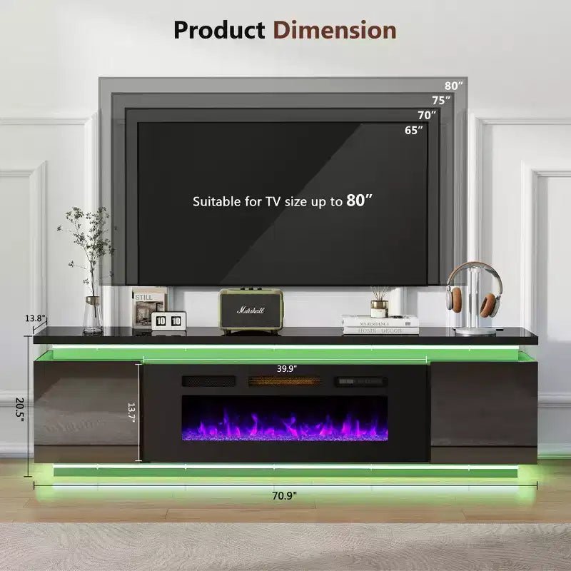 Skyzoo Elektrischer Kamin-TV-Ständer für Fernseher bis 80 Zoll mit LED-Beleuchtung & 4 Wechselstromsteckdosen, TV-Konsole für das Wohnzimmer