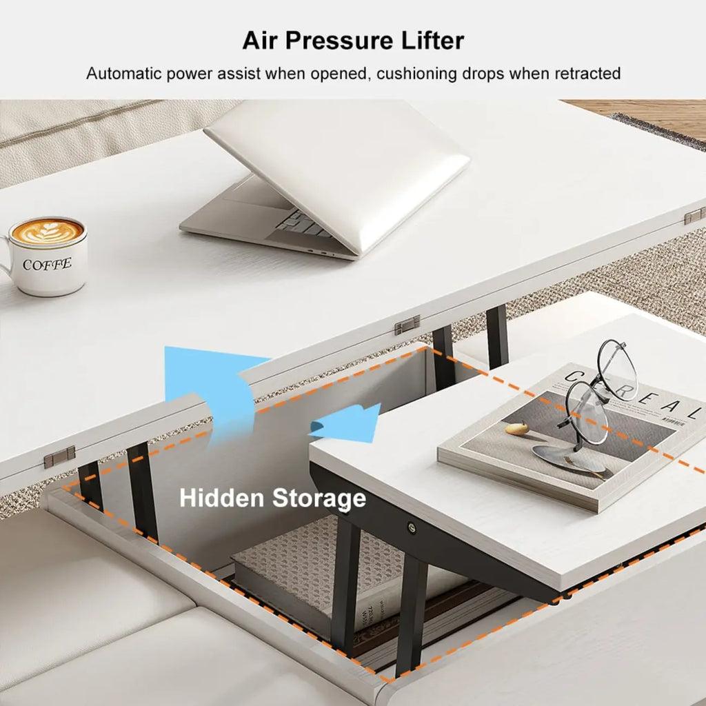Klappbarer Couchtisch mit Liftfunktion, 4 Hockern und Stauraum