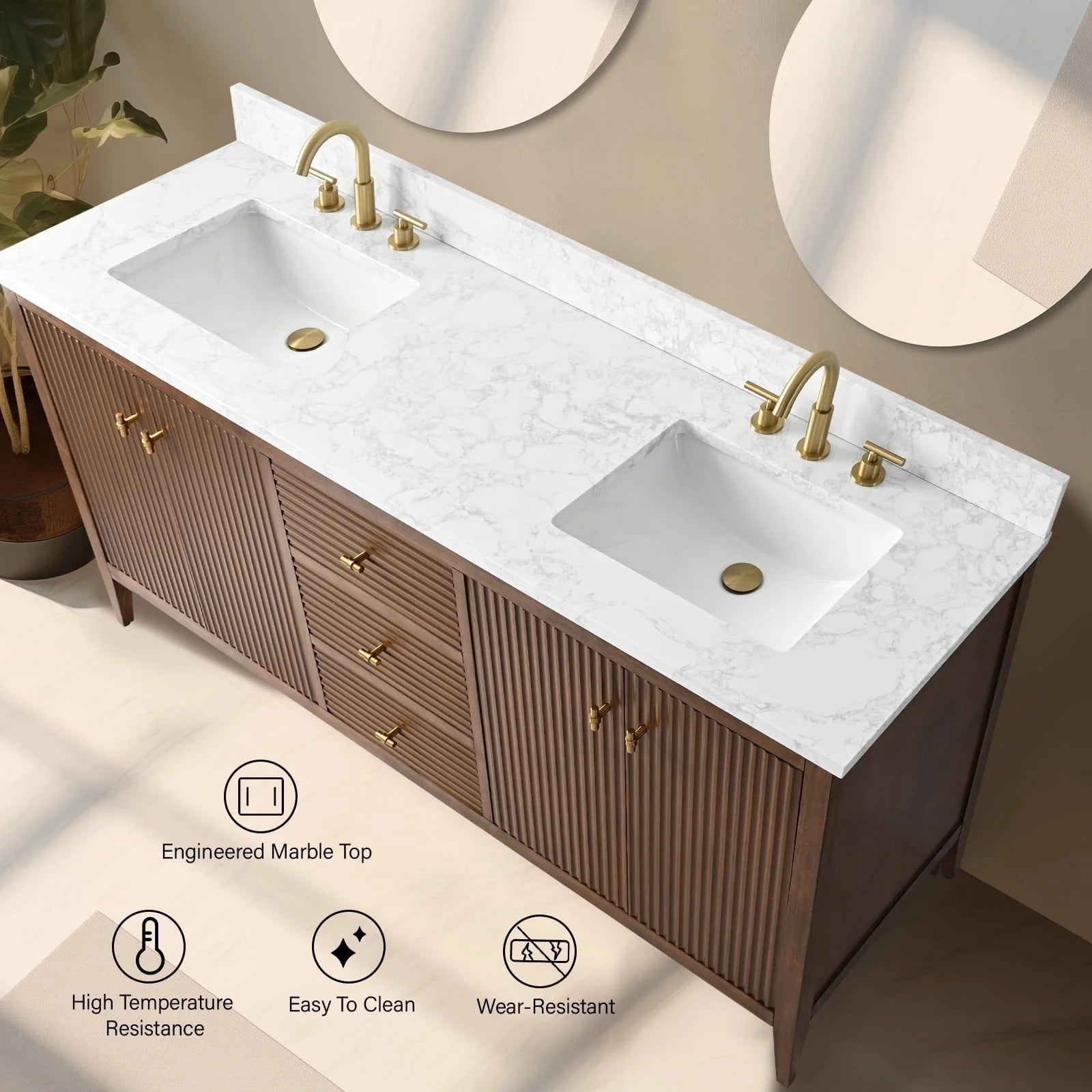 Vanity Art 72 Zoll Badezimmer-Waschtischunterschrank mit Doppelwaschbecken und Kunstmarmorplatte
