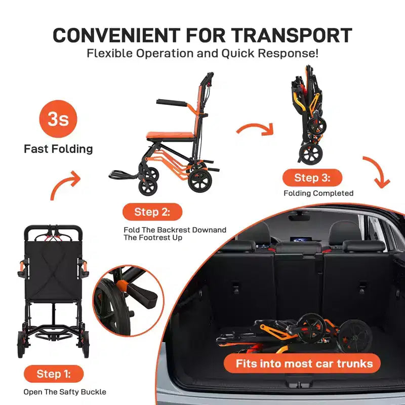 Ultraleichter faltbarer Transportrollstuhl, trägt 100 kg, 8,2 kg Aluminiumrahmen, 41,2 cm Sitz, abnehmbare Arm- und Fußstützen, Feststellbremse