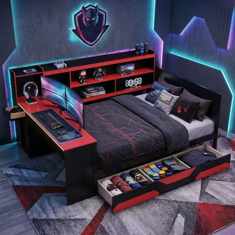 Gamer Hub Tagesbett mit Schreibtisch, RGB-Beleuchtung, Ladestation, Schubladen und Bücherregal-Kopfteil