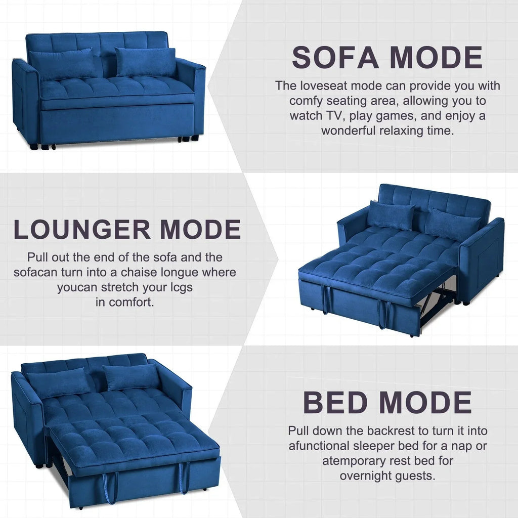 Modernes Schlafsofa zum Ausziehen, 3-in-1 Schlafsofa mit verstellbarer Rückenlehne, Samt-Zweisitzer, Kissen & Seitentaschen