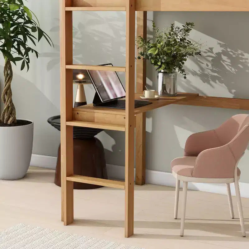 Okak Minimalism Hochbett mit Leiter, Hochbett aus Kautschukholz mit Sicherheitsgeländer und integriertem Schreibtisch, Bettrahmen für Kinder, Jugendliche
