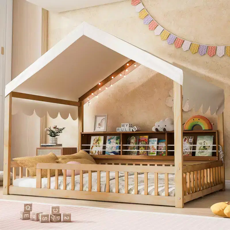 Whisen Vollholz-Bettgestell, Hausbett mit Zaun, 3 Aufbewahrungsregale, Vorhang