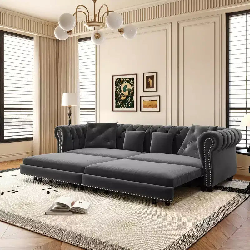 Whisen Velvet 3-in-1 Schlafsofa und wandelbares Schlafsofa im Kingsize-Format mit ausziehbarem Ottomane, getuftetem Design