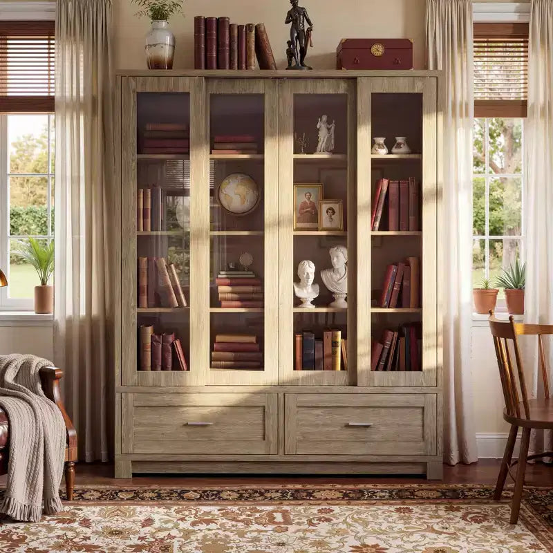 Famapy Vitrine aus heller Eiche: 63 cm breit, Schiebetüren aus Glas + Schubladen. Geräumiger Organizer für Heimbüchereien und Wohnzimmer