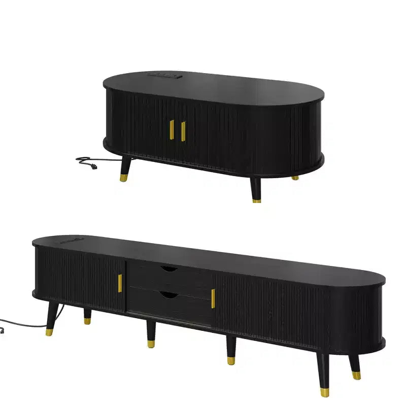CLIHOME TV-Schrank und Couchtisch-Set aus Holz im Farmhouse-Stil mit Ladestation, ovales, gerilltes Medienboard für Fernseher bis 80 Zoll