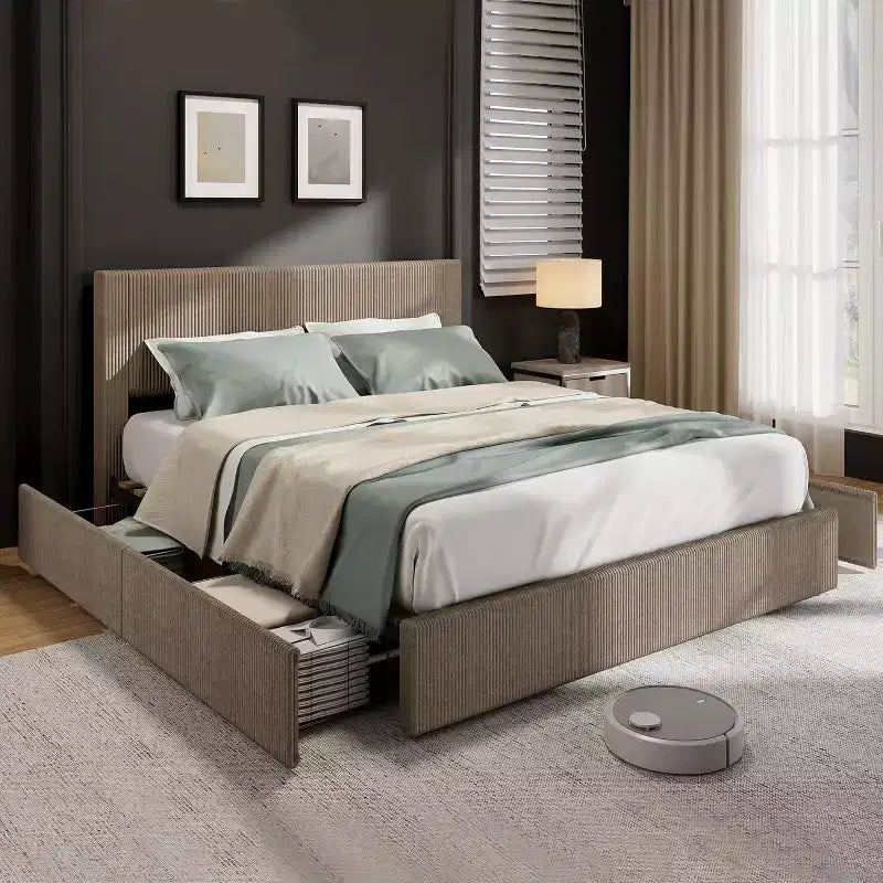 CuisinSmart Corduroy-Bettrahmen mit Kopfteil, gepolsterter Plattform-Bettrahmen mit 4 Schubladen und Holzlattenrostunterstützung