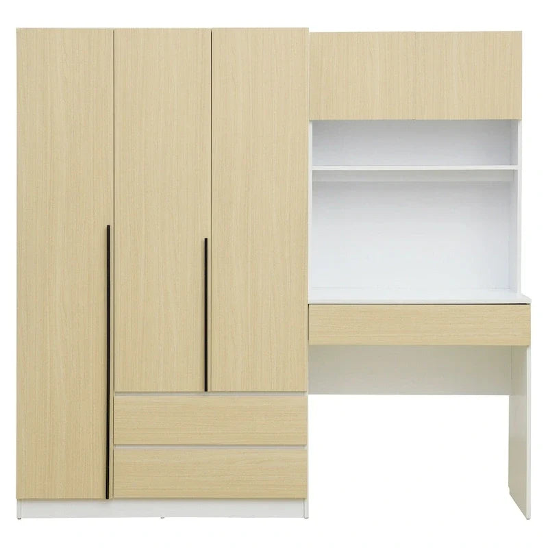 3-in-1 Kleiderschrank mit Schminktisch, Schreibtisch-Set, Schlafzimmer-Schrank mit 2 Schubladen, 3-türiger Aufbewahrungsschrank mit Schreibtisch