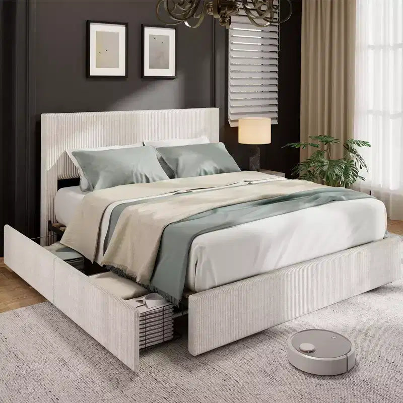 CuisinSmart Corduroy-Bettrahmen mit Kopfteil, gepolsterter Plattform-Bettrahmen mit 4 Schubladen und Holzlattenrostunterstützung