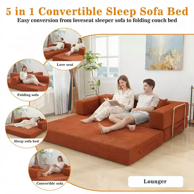 Dyonery 78 Klappsofabett, umwandelbare Kordsofa-Couch, King-Size-Bodenschläfer, 4-in-1 DIY-Kombination, modulares Sofabett, ausklappbares bequemes Sofa.