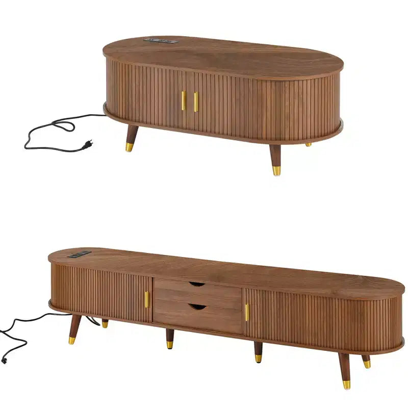 CLIHOME TV-Schrank und Couchtisch-Set aus Holz im Farmhouse-Stil mit Ladestation, ovales, gerilltes Medienboard für Fernseher bis 80 Zoll