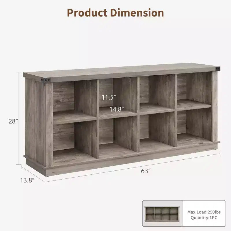 8 Würfelregal, Bücherregal im Landhausstil, 157,5 cm langes Holzregal für den Eingangsbereich, langes, niedriges Bücherregal für das Wohnzimmer