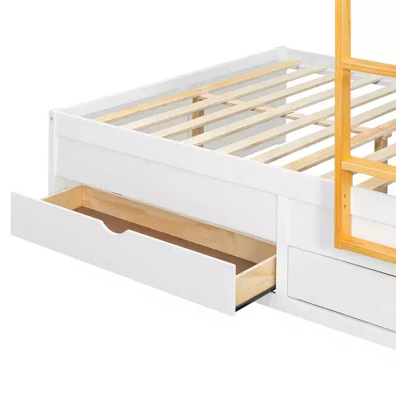 Etagenbett „Full-over-Full“ mit Kleiderschrank und Schubladen, platzsparendes Etagenbett aus Holz in voller Größe mit Rausfallschutz für Apartment, Schlafzimmer