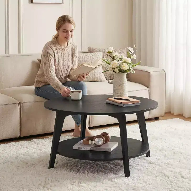 Honigbrauner runder Couchtisch mit 2 Ablageflächen, Maße 80 x 45 cm, ideal für das Wohnzimmer