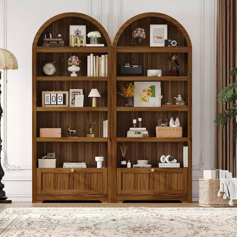 72" geschwungenes Bücherregal mit Aufbewahrungsschublade, modernes 6-stöckiges Holzregal mit offenen Fächern und unterer Schublade, gebogene Schranktür