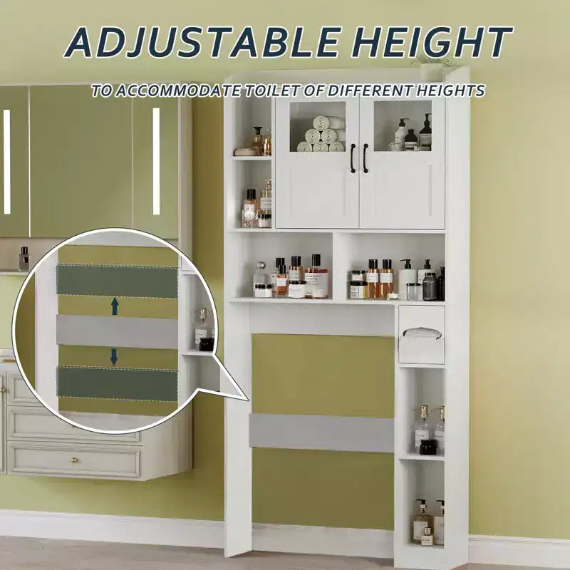 Badezimmerschrank über der Toilette – 171 cm hoher Badezimmer-Organizer im Landhausstil mit verstellbarem Regal und Glastür für Bad und Waschküche