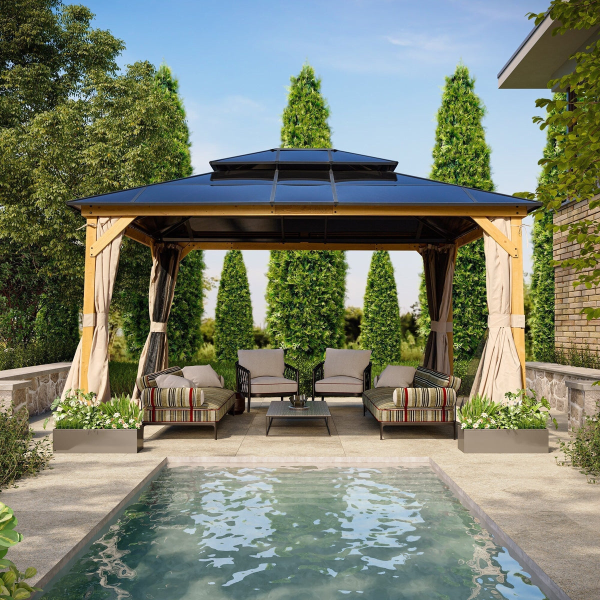 EROMMY Hardtop-Pavillon, Outdoor-Pergola mit Doppeldach & Netzen & Vorhängen, Hochleistungs-Canopy für Terrasse, Garten, Poolparty