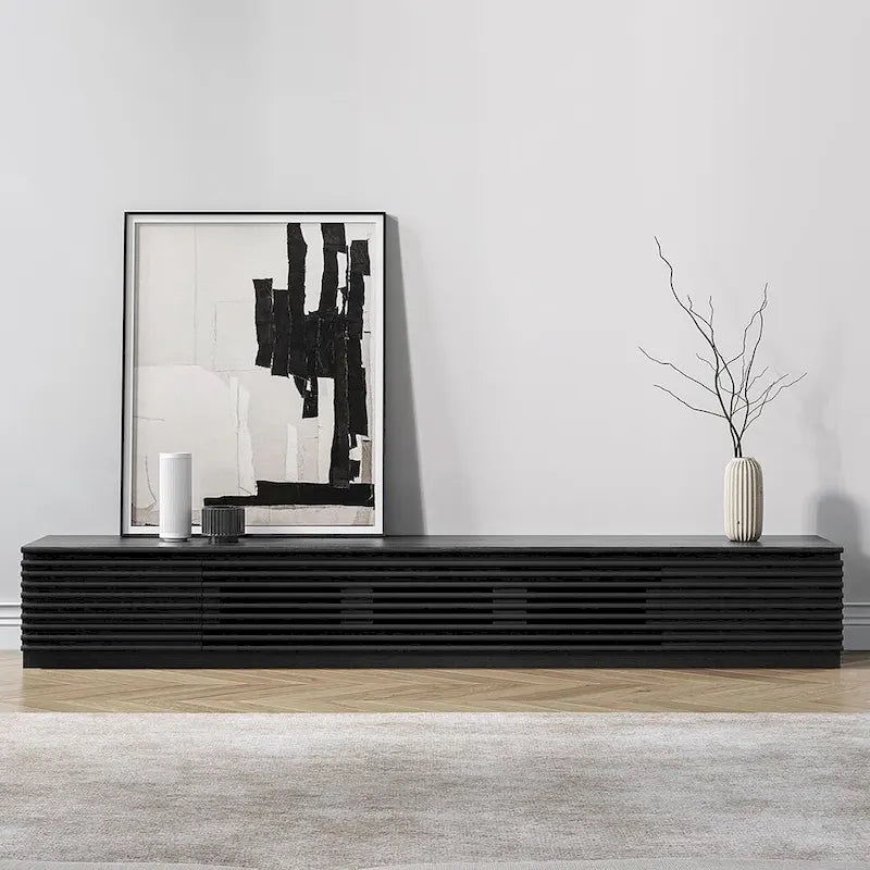 Minimalistischer TV-Ständer mit Schubladen, Massivholz-Medienkonsole mit Schränken, Klapptür, Nussbaumfurnier, fertig montiert