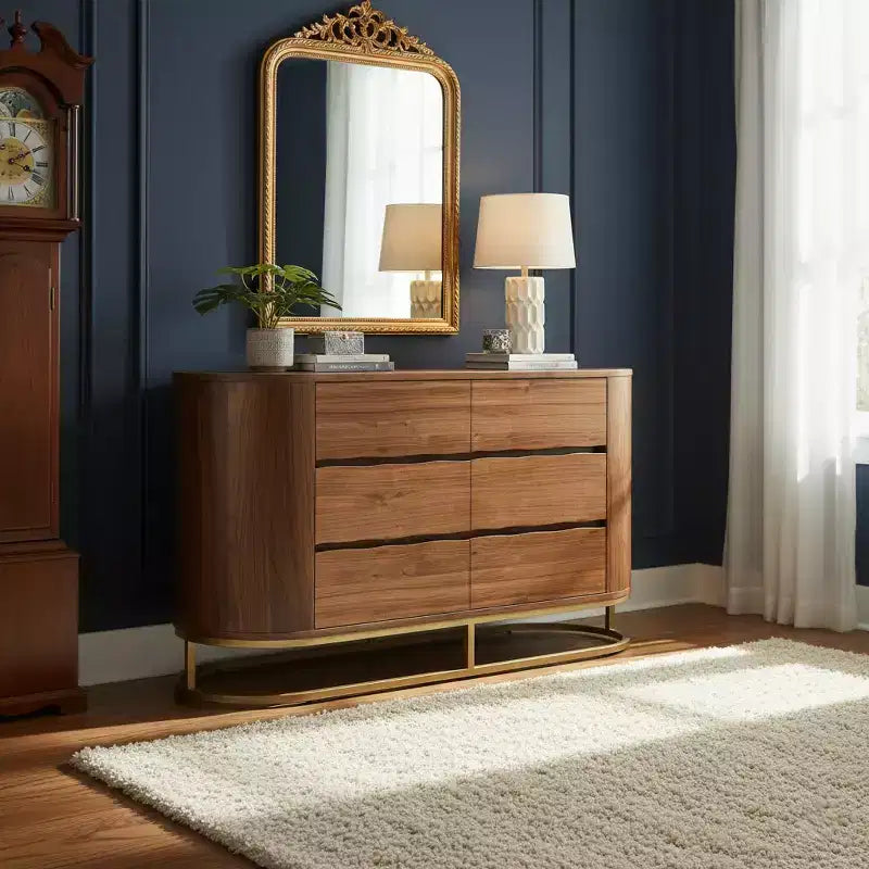 Moderne Kommode mit 6 Schubladen, Baumkanten-Design, Metallgestell und langlebiger Massivholzkonstruktion