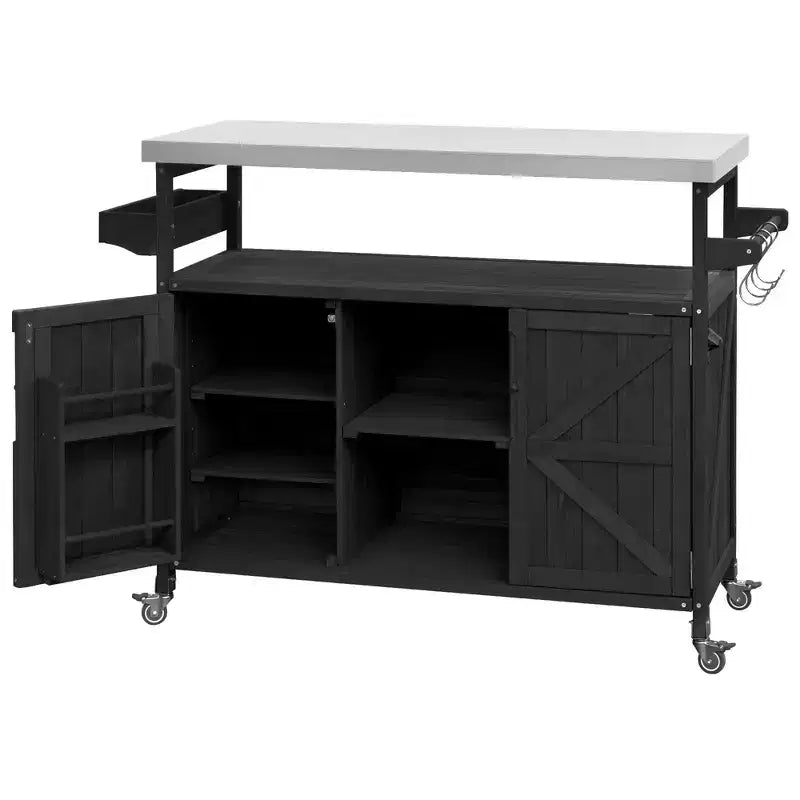 Okak Outdoor-Kücheninsel mit Edelstahlplatte, Holzküchenwagen mit Türen, Regalen und Gewürzregal, rollende Kücheninsel