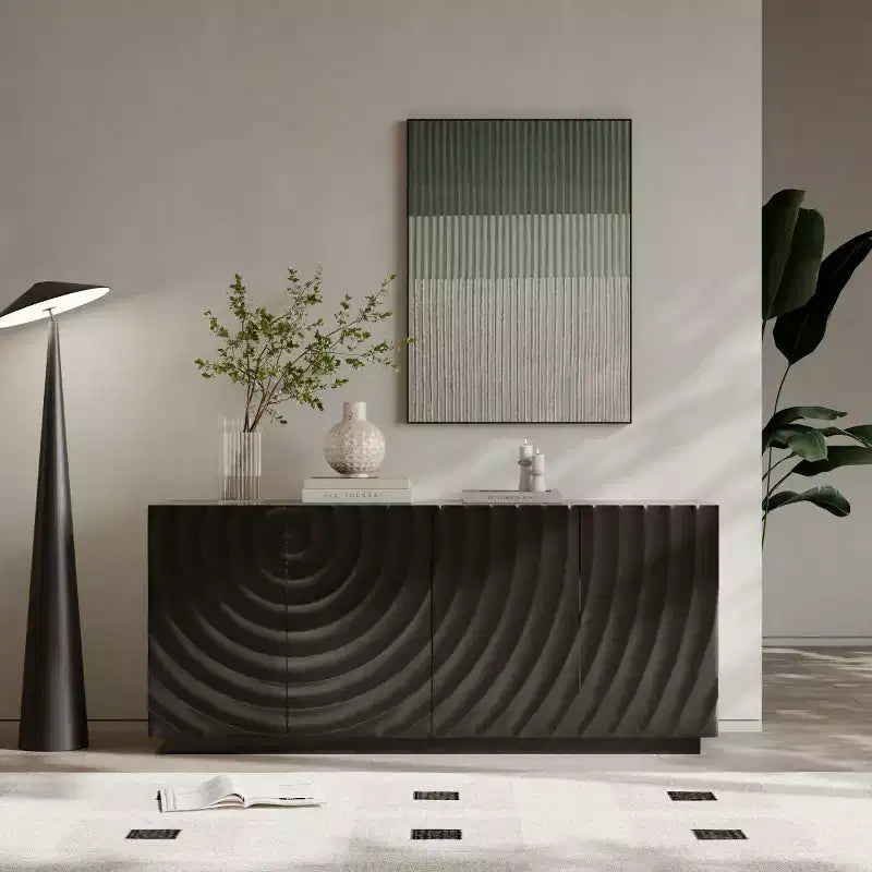 59 Modernes Spiral-Sideboard-Buffetschrank, flaches Kunst-Eingangs-Aufbewahrungsschrank mit 3D-Riffeltextur-Türen