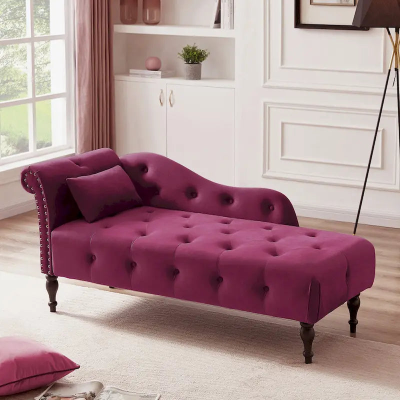 Moderne 60.6 Samt gepolsterte Knöpfe getuftete Chaiselongue mit Massivholzbeinen und Ziernägeln