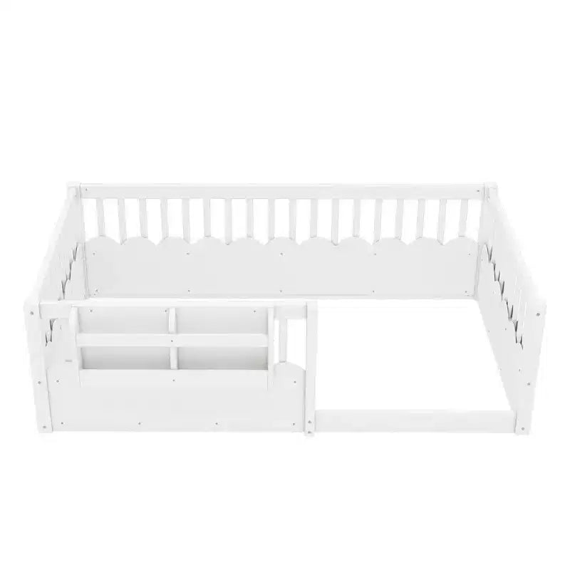 Bellemave Kinder-Bodenbett mit erhöhtem Zaun und Bücherregal, hölzernes Montessori-Bettgestell in Twin-Größe für Mädchen und Jungen
