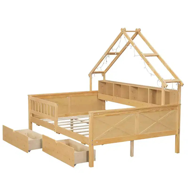 Hausbettgestell in voller Größe mit Schubladen, Haus-Plattformbett mit LED-Beleuchtung, Ablagefächern und Schubladen, Tagesbett aus Holz mit Dach und Geländer