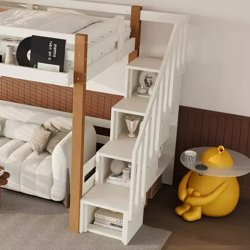 Modernes Hochbett mit Kleiderhaken, Ablageflächen und Platz unter dem Bett
