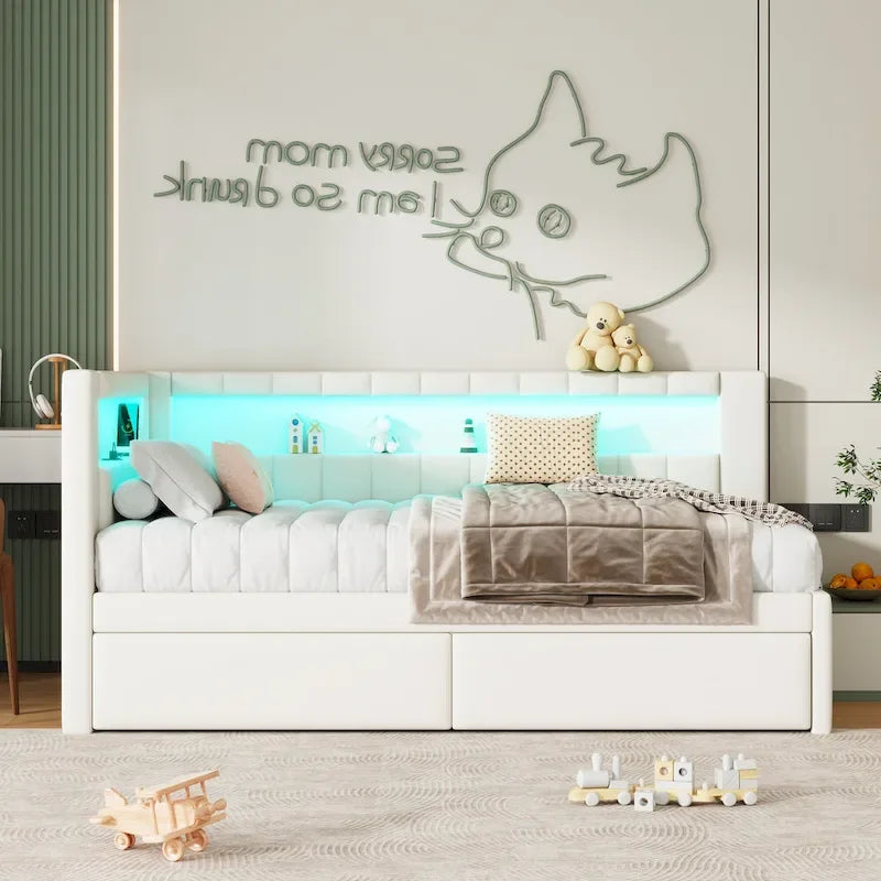 Gepolstertes Plattformbett mit USB-Anschlüssen & LED-Beleuchtung – Einzel-/Doppelbettgestell mit 2 Schubladen – Modernes Schlafzimmer