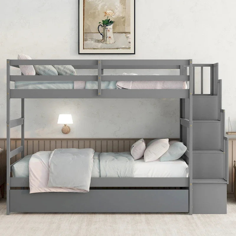 Etagenbett (Twin über Twin) mit ausziehbarem Bett und Treppe mit Stauraum in Grau