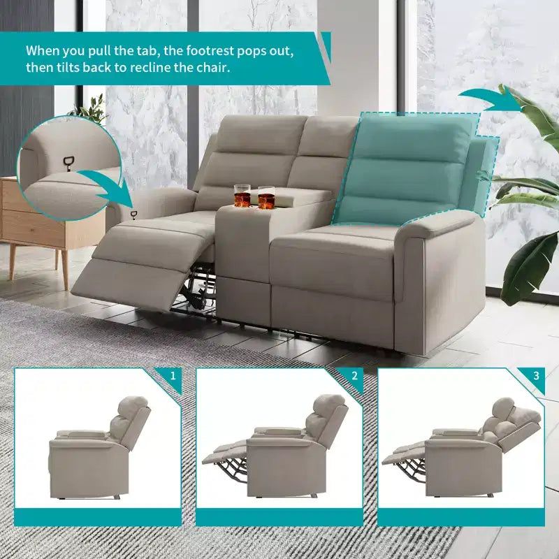 Beige/Graues 2-Sitzer Sofa mit Relaxfunktion aus Tech-Stoff, verstellbare Rückenlehne & Fußstütze
