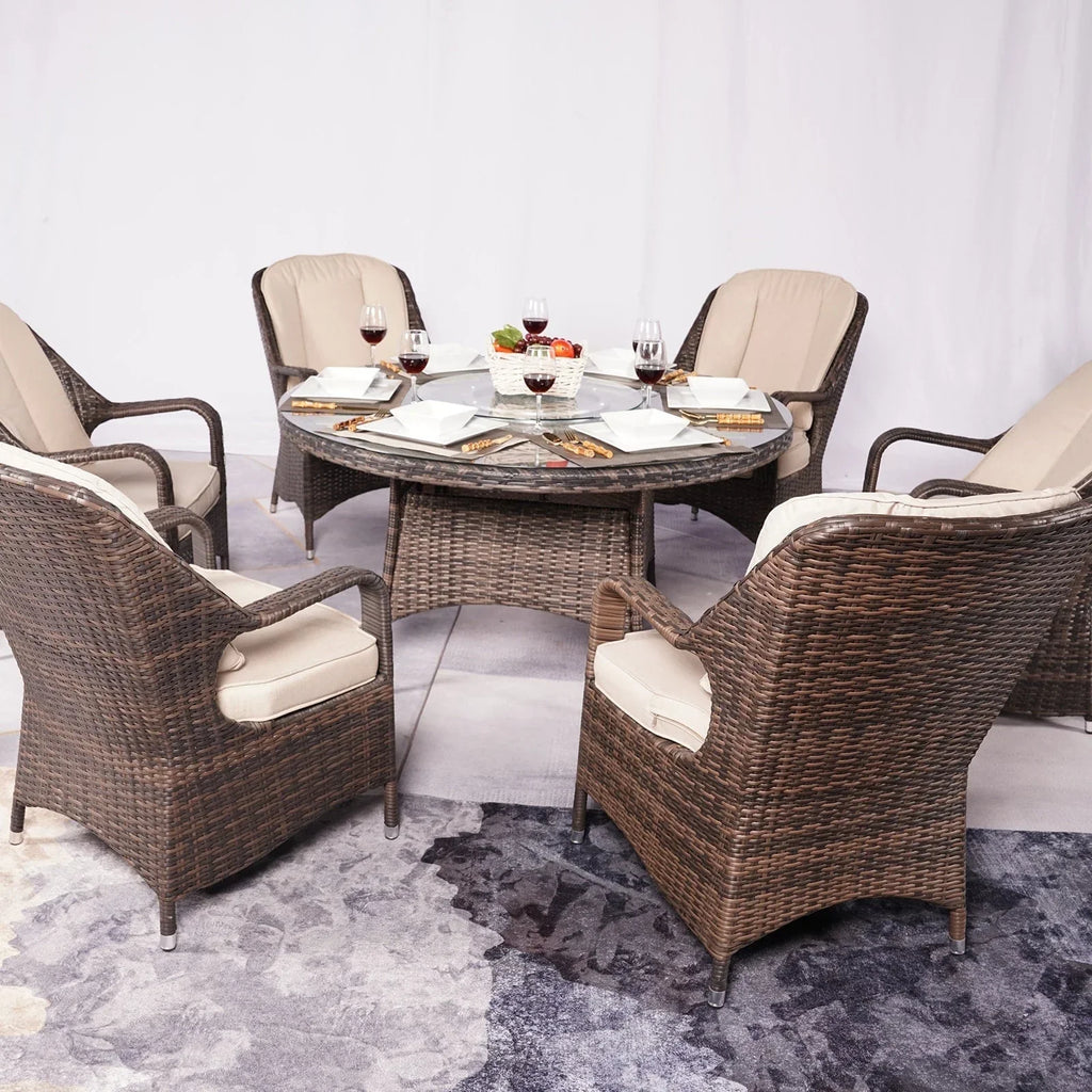 7-teiliges Garten-Essgruppe aus Rattan mit runden Kissen von Moda Furnishings
