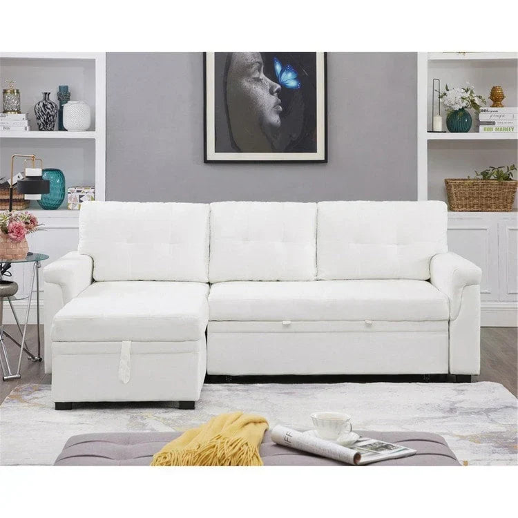 Verwandelbares, umbaubares Ecksofa mit ausziehbarem Schlafsofa, versteckter Aufbewahrung in der Récamiere und robusten Beinen