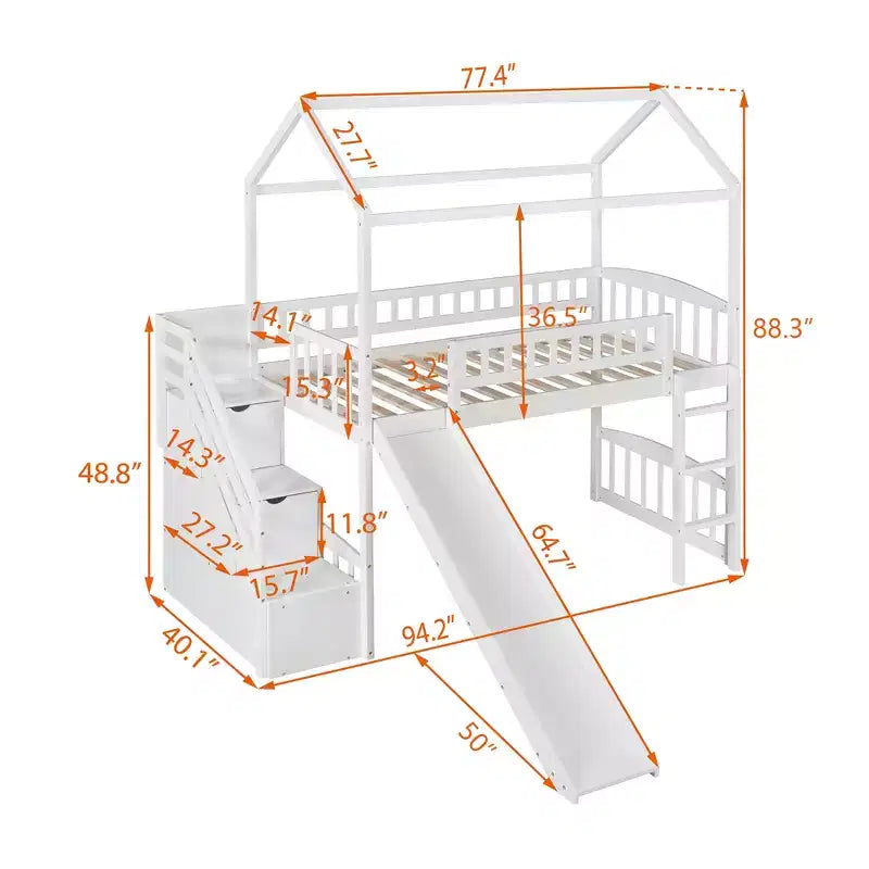 Doppelhaus-Hochbett mit Rutsche und Treppe, Hochbett mit Aufbewahrungsschubladen, Holzhaus-Hochbett für Kinder und Kleinkinder