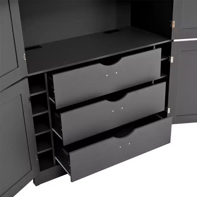 Hoher Küchenschrank mit Steckdosen, großer freistehender Schrank mit Mikrowellenständer, Schubladen, Regalen, Weinregalen und Türregal